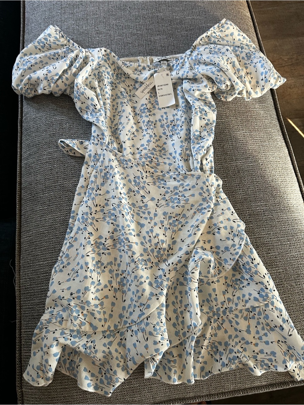Speechless Cream Dress with Light Blue Floral Print and Puff Sleeves Wrap
